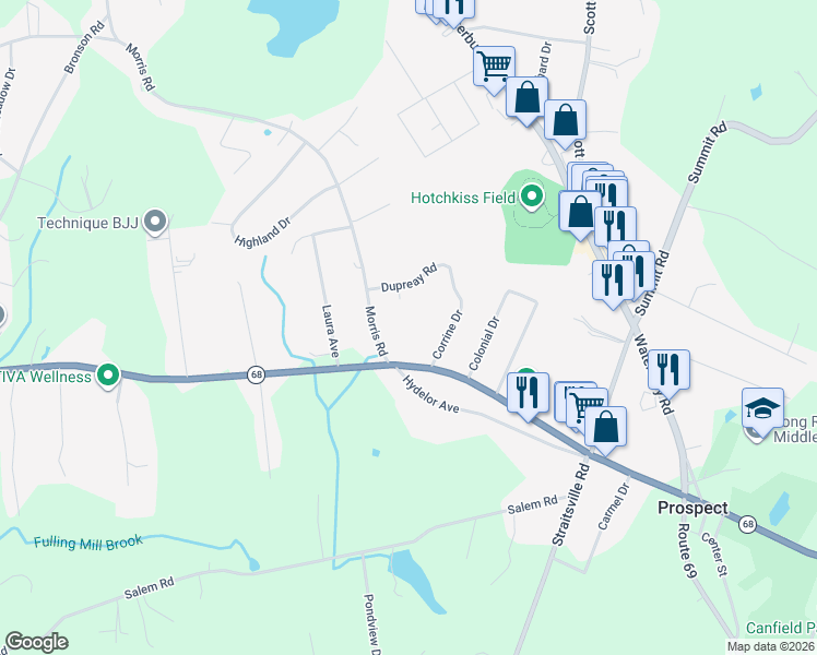map of restaurants, bars, coffee shops, grocery stores, and more near 66 Union City Road in Prospect