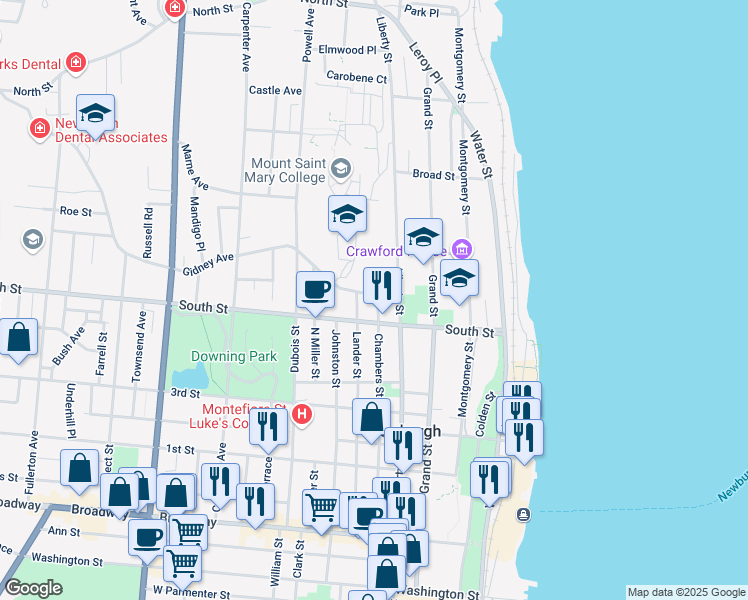 map of restaurants, bars, coffee shops, grocery stores, and more near 197 Chambers Street in Newburgh