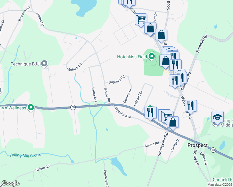 map of restaurants, bars, coffee shops, grocery stores, and more near 66 Union City Road in Prospect