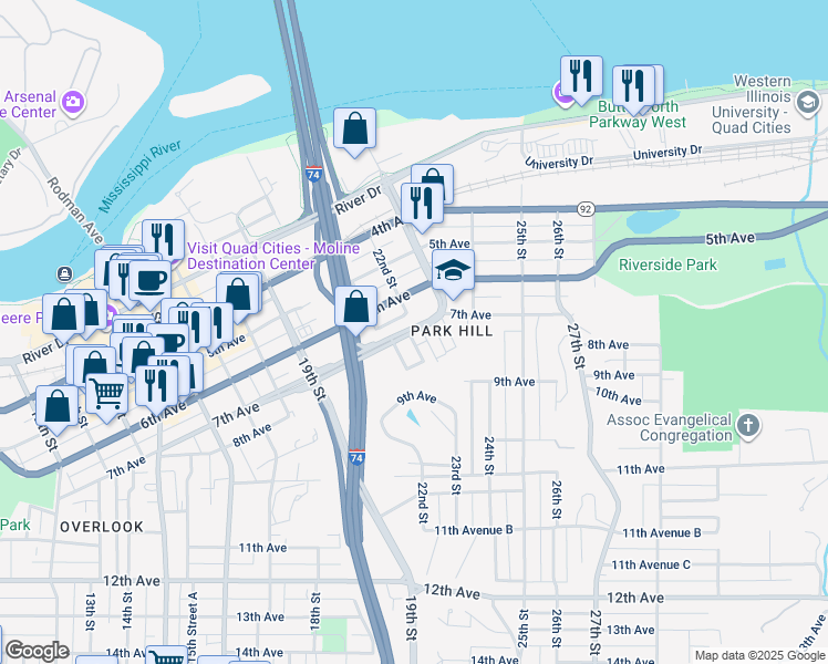 map of restaurants, bars, coffee shops, grocery stores, and more near 2220 7th Avenue in Moline