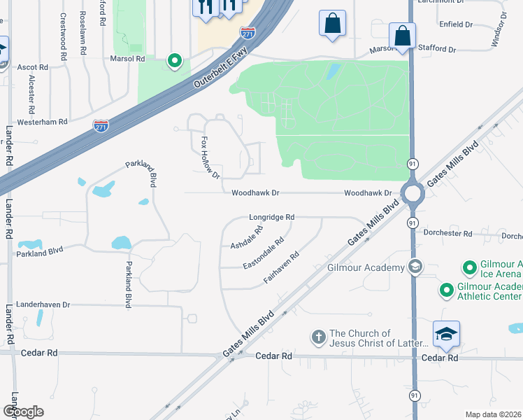 map of restaurants, bars, coffee shops, grocery stores, and more near 6404 Woodhawk Drive in Mayfield Heights