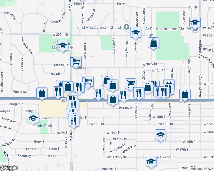 map of restaurants, bars, coffee shops, grocery stores, and more near 601 West 14th Place in Chicago Heights