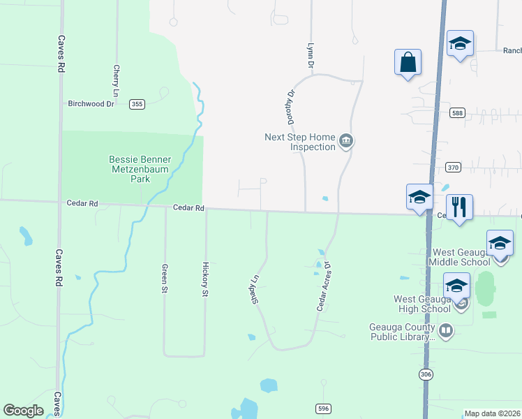 map of restaurants, bars, coffee shops, grocery stores, and more near 8200 Cedar Rd in Chesterland