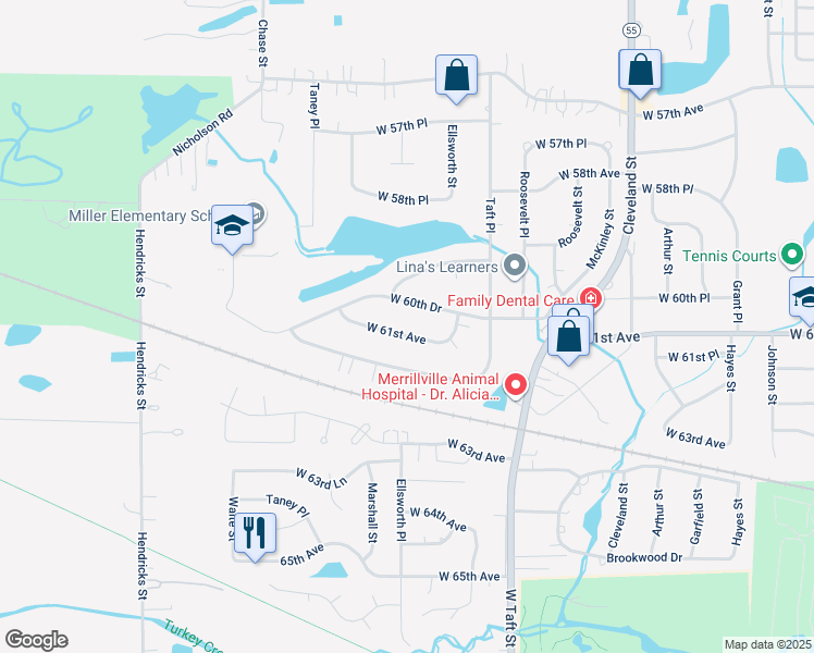 map of restaurants, bars, coffee shops, grocery stores, and more near 2607 W 60th Dr in Merrillville