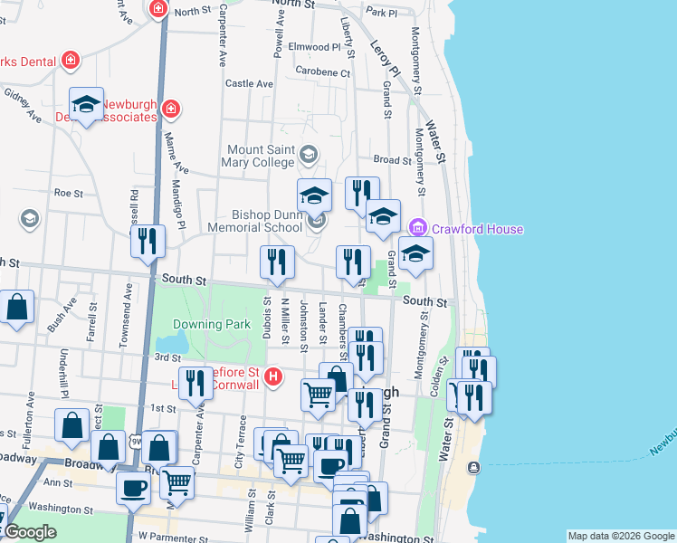 map of restaurants, bars, coffee shops, grocery stores, and more near 24 Gidney Avenue in Newburgh
