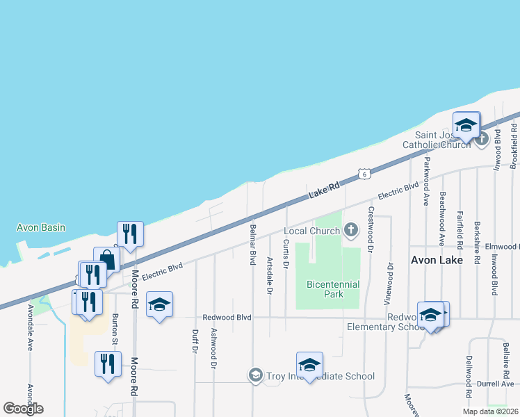 map of restaurants, bars, coffee shops, grocery stores, and more near 87 Rosewood Drive in Avon Lake
