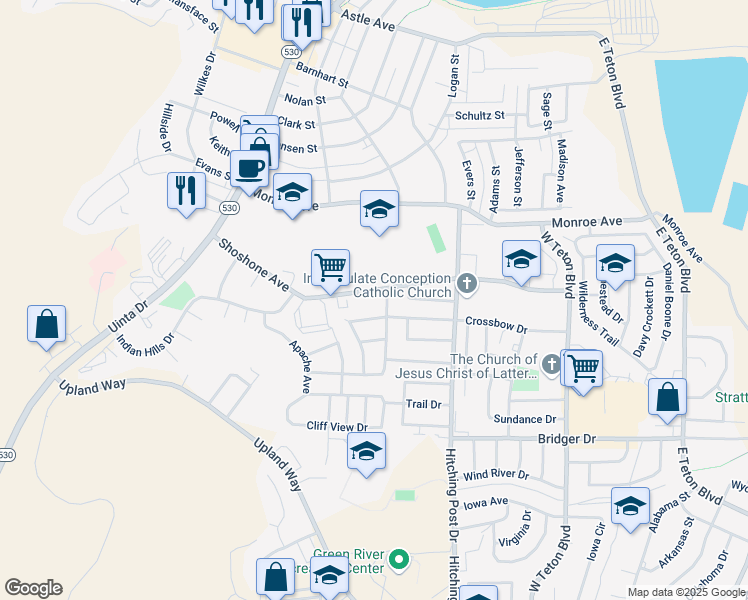 map of restaurants, bars, coffee shops, grocery stores, and more near 1015 Mountain View Street in Green River
