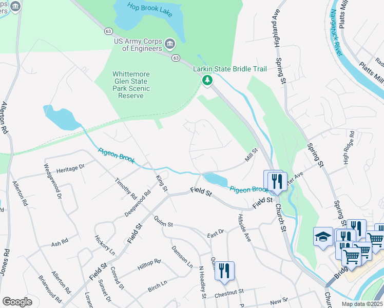 map of restaurants, bars, coffee shops, grocery stores, and more near 85 Lantern Park Drive in Naugatuck