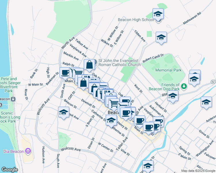 map of restaurants, bars, coffee shops, grocery stores, and more near 25 North Walnut Street in Beacon