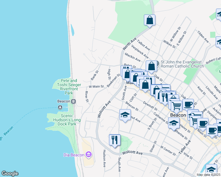 map of restaurants, bars, coffee shops, grocery stores, and more near 20 West Main Street in Beacon