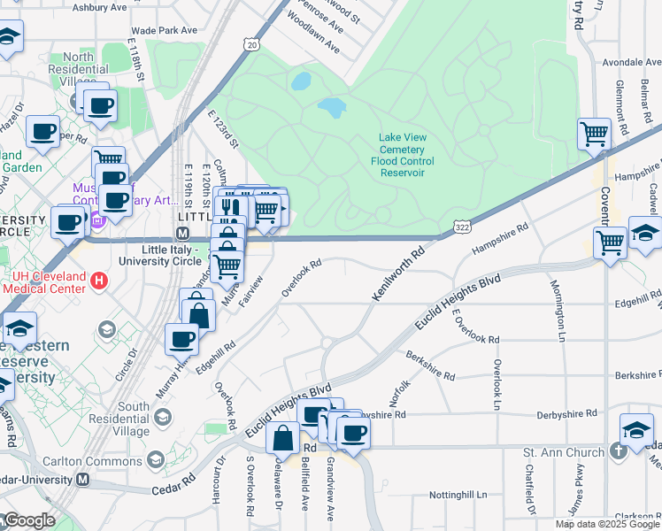 map of restaurants, bars, coffee shops, grocery stores, and more near 2417 Overlook Road in Cleveland Heights