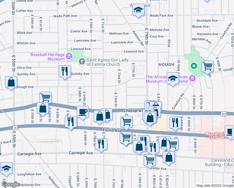 map of restaurants, bars, coffee shops, grocery stores, and more near 1857 East 73rd Street in Cleveland