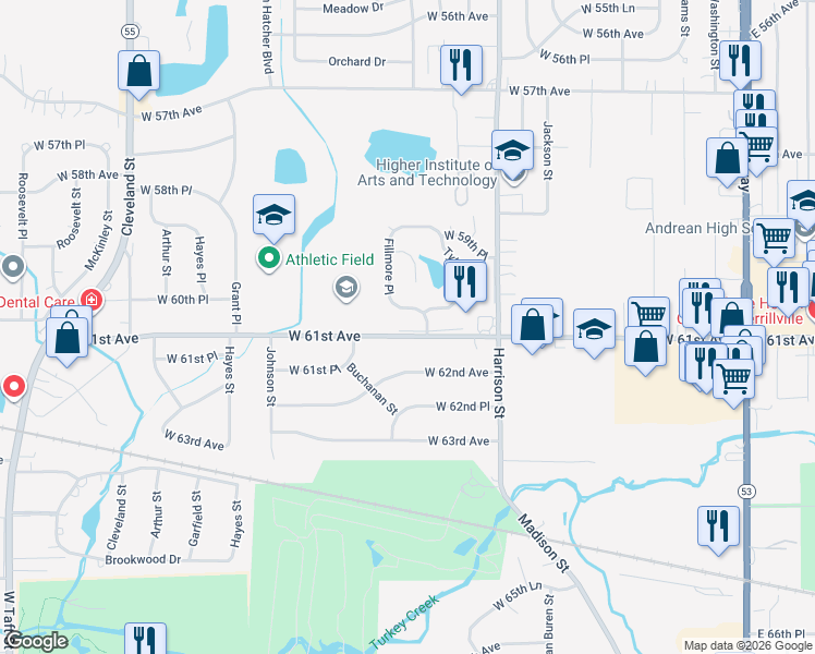 map of restaurants, bars, coffee shops, grocery stores, and more near 1106 West 61st Avenue in Merrillville