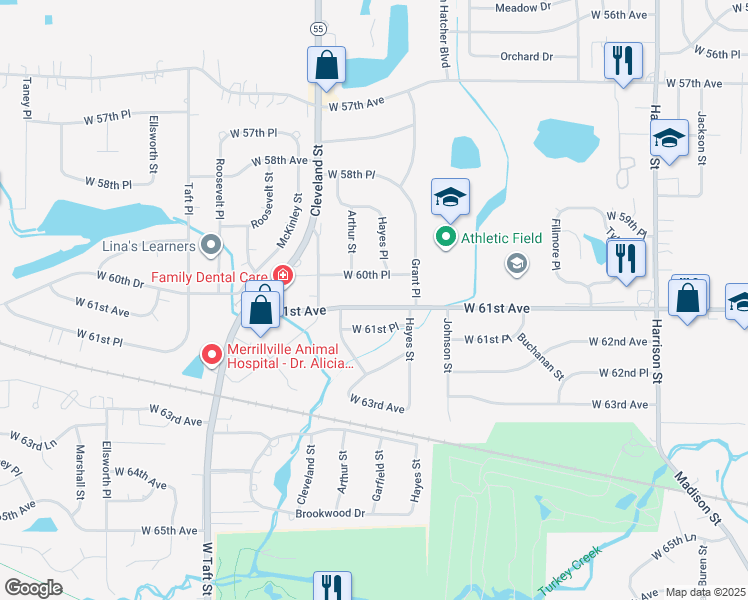map of restaurants, bars, coffee shops, grocery stores, and more near 1810 West 61st Avenue in Merrillville