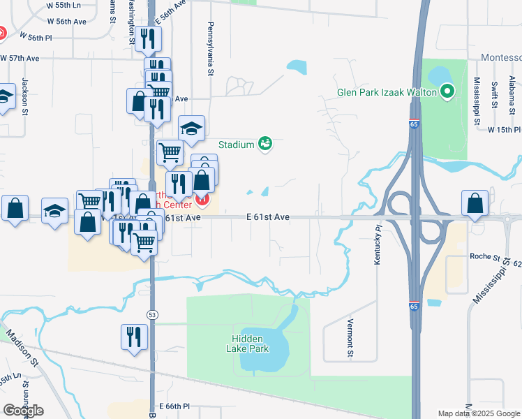 map of restaurants, bars, coffee shops, grocery stores, and more near 6091 Maryland Street in Merrillville