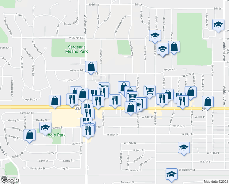 map of restaurants, bars, coffee shops, grocery stores, and more near 601 West Lincoln Highway in Chicago Heights