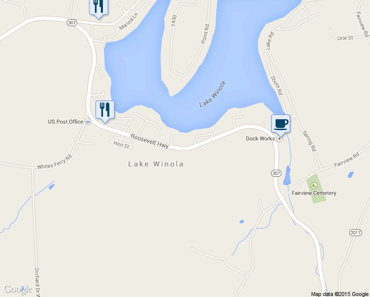 map of restaurants, bars, coffee shops, grocery stores, and more near Roosevelt Hwy in Factoryville