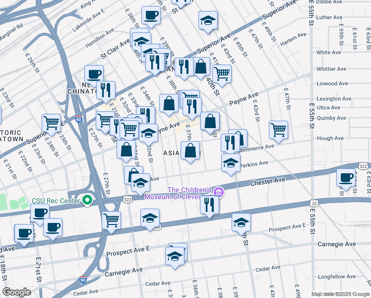 map of restaurants, bars, coffee shops, grocery stores, and more near in Cleveland