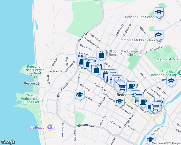 map of restaurants, bars, coffee shops, grocery stores, and more near 173 Main Street in Beacon