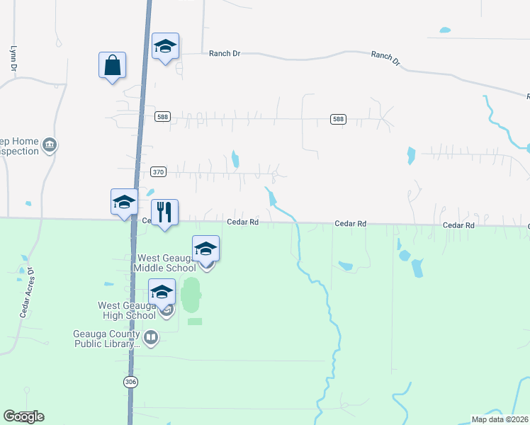 map of restaurants, bars, coffee shops, grocery stores, and more near 8706 Cedar Road in Chesterland