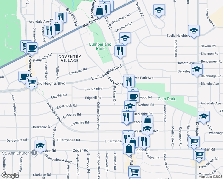 map of restaurants, bars, coffee shops, grocery stores, and more near 3119 Lincoln Boulevard in Cleveland Heights