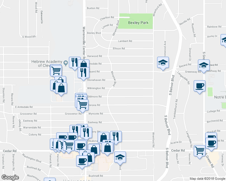 map of restaurants, bars, coffee shops, grocery stores, and more near 4102 Wilmington Road in South Euclid