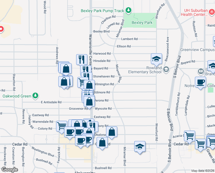 map of restaurants, bars, coffee shops, grocery stores, and more near 4056 Wilmington Road in South Euclid