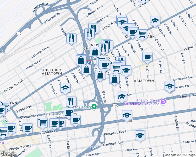 map of restaurants, bars, coffee shops, grocery stores, and more near 1602 East 27th Street in Cleveland