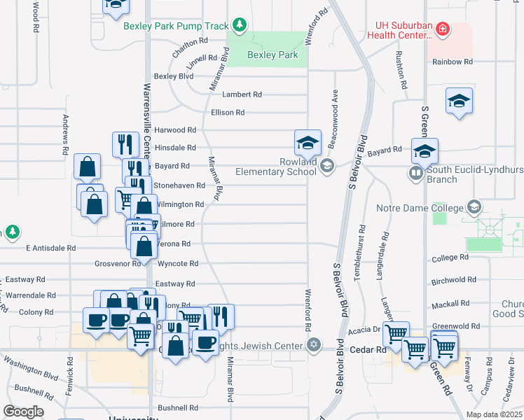 map of restaurants, bars, coffee shops, grocery stores, and more near 4182 Wilmington Road in South Euclid