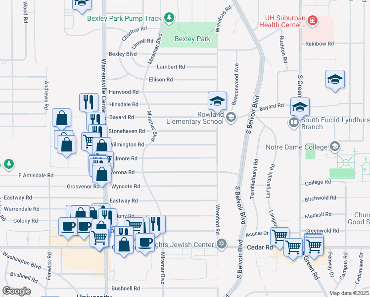 map of restaurants, bars, coffee shops, grocery stores, and more near 4182 Wilmington Road in South Euclid