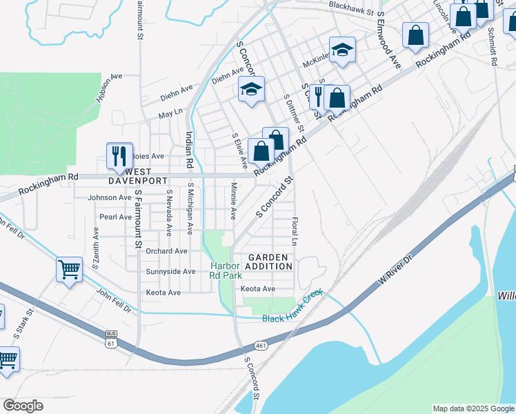 map of restaurants, bars, coffee shops, grocery stores, and more near 1028 South Concord Street in Davenport