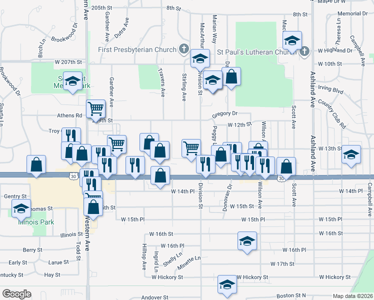 map of restaurants, bars, coffee shops, grocery stores, and more near 29 Olympic Village in Chicago Heights