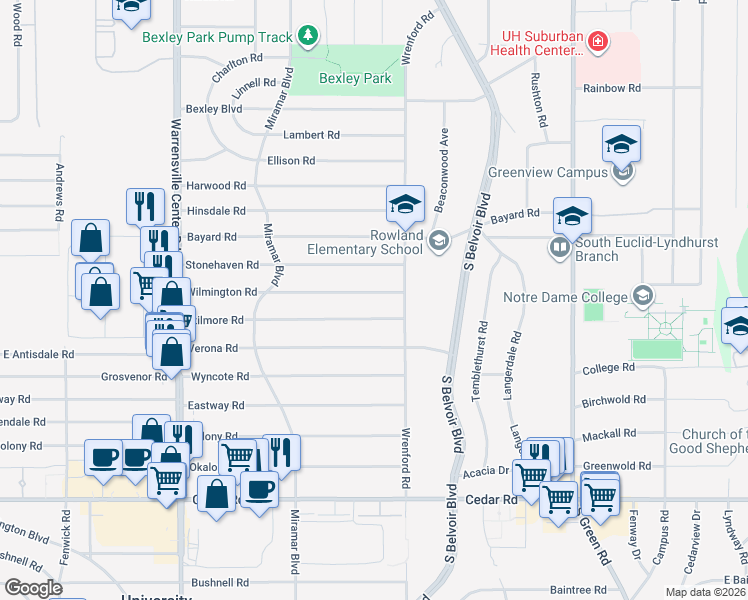 map of restaurants, bars, coffee shops, grocery stores, and more near 4222 Wilmington Rd in South Euclid