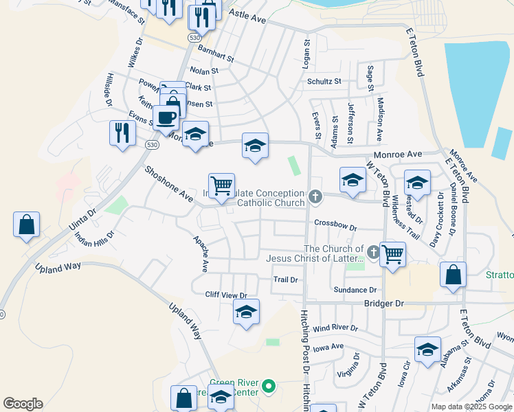 map of restaurants, bars, coffee shops, grocery stores, and more near 1015 Mountain View Street in Green River