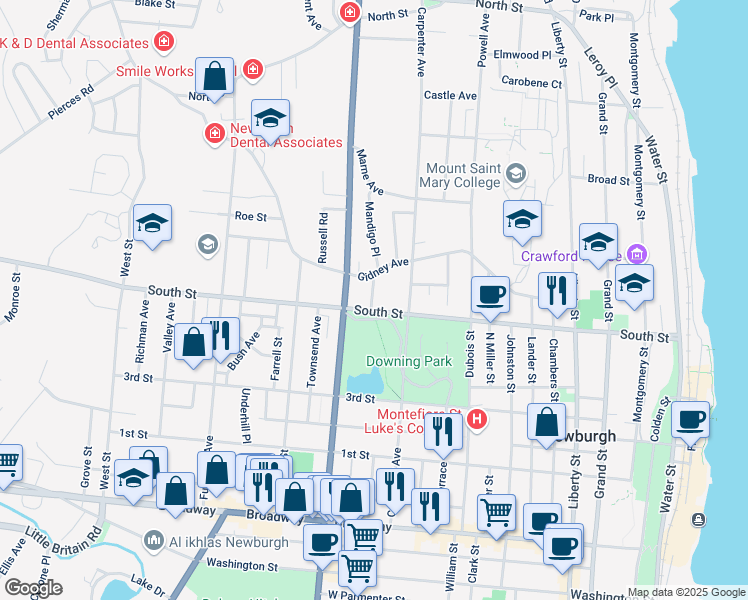 map of restaurants, bars, coffee shops, grocery stores, and more near 8 Park Avenue in Newburgh