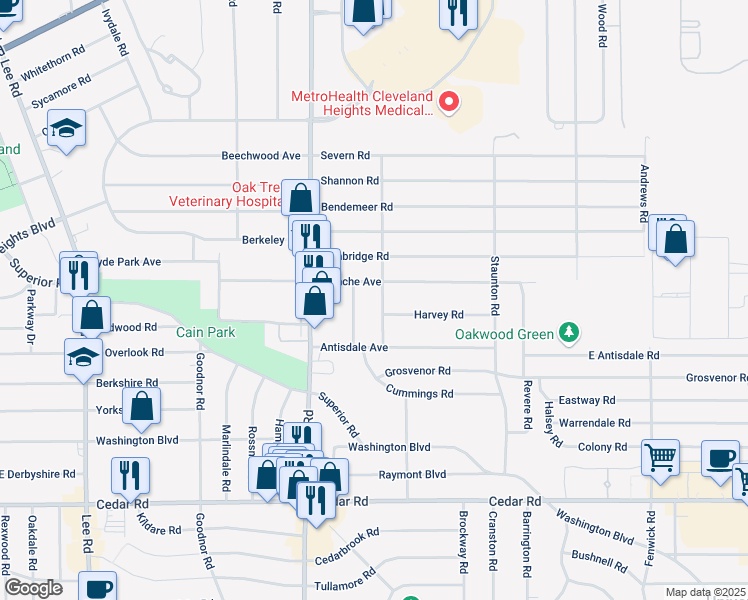 map of restaurants, bars, coffee shops, grocery stores, and more near 3524 Blanche Avenue in Cleveland Heights