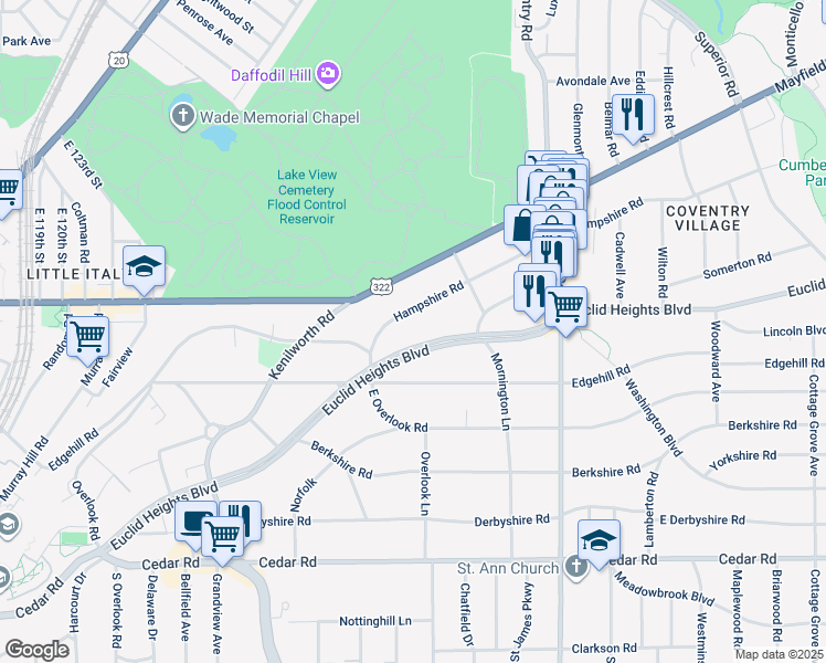 map of restaurants, bars, coffee shops, grocery stores, and more near 2661 Euclid Heights Boulevard in Cleveland