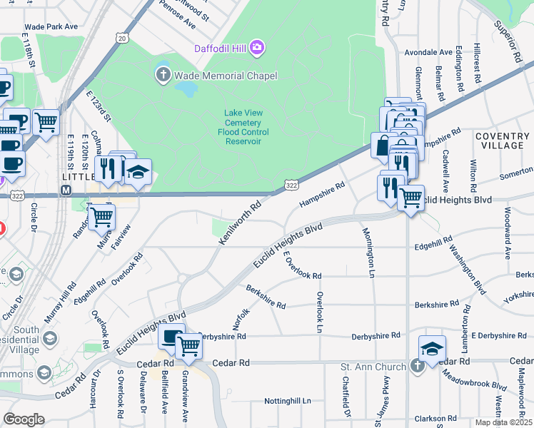 map of restaurants, bars, coffee shops, grocery stores, and more near 2577 Overlook Road in Cleveland Heights