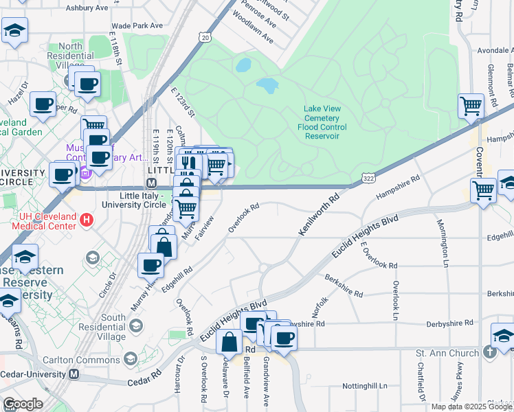 map of restaurants, bars, coffee shops, grocery stores, and more near 2417 Overlook Road in Cleveland Heights