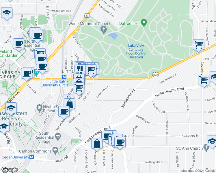 map of restaurants, bars, coffee shops, grocery stores, and more near 2417 Overlook Road in Cleveland Heights