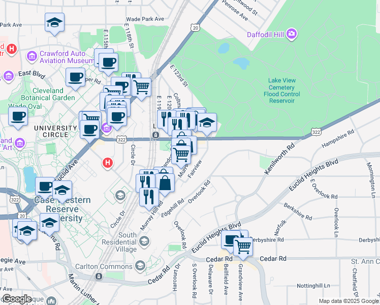 map of restaurants, bars, coffee shops, grocery stores, and more near 12408 Mayfield Road in Cleveland