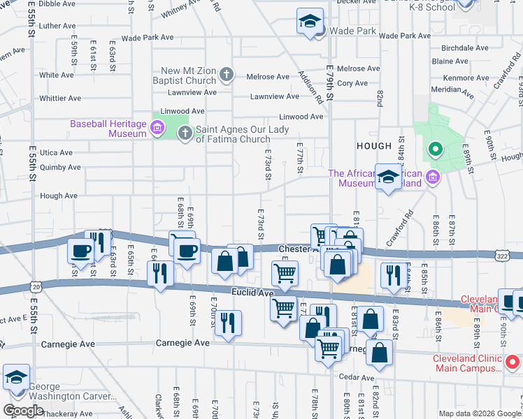 map of restaurants, bars, coffee shops, grocery stores, and more near 1857 East 73rd Street in Cleveland