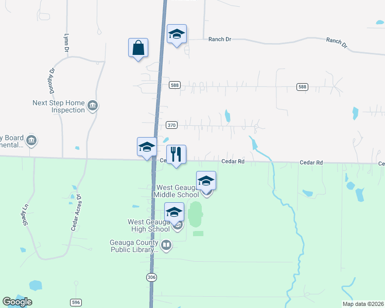 map of restaurants, bars, coffee shops, grocery stores, and more near 8564 Cedar Road in Chesterland