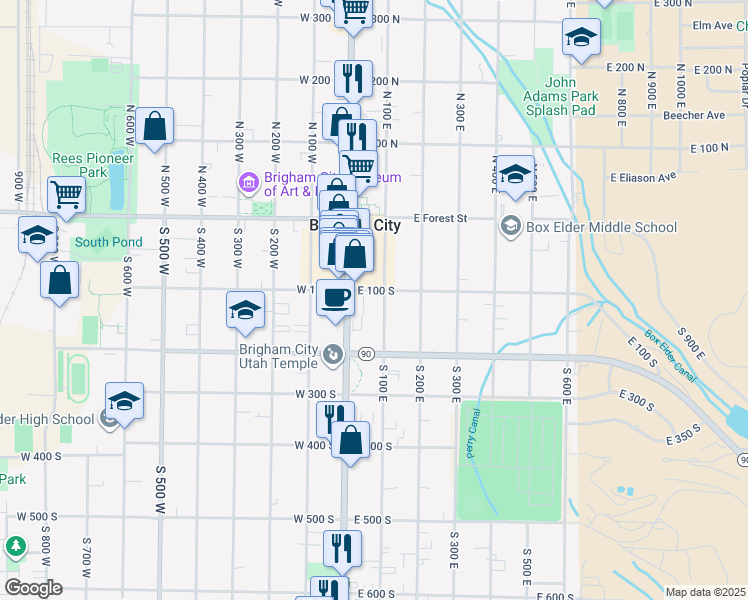 map of restaurants, bars, coffee shops, grocery stores, and more near 105 South 100 East in Brigham City