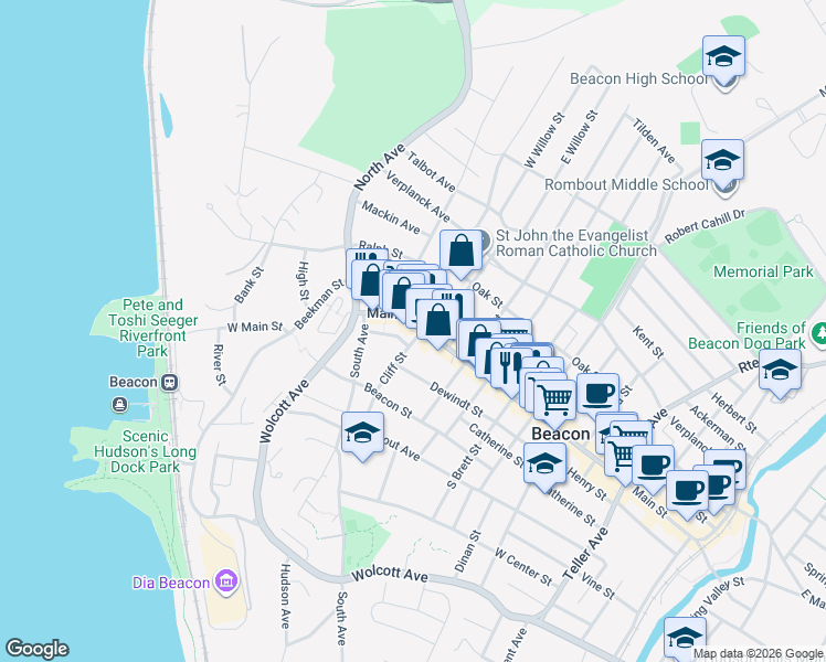 map of restaurants, bars, coffee shops, grocery stores, and more near 171 Main Street in Beacon