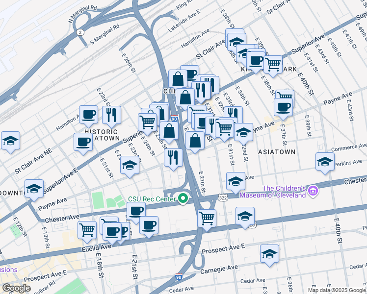 map of restaurants, bars, coffee shops, grocery stores, and more near Innerbelt Freeway in Cleveland
