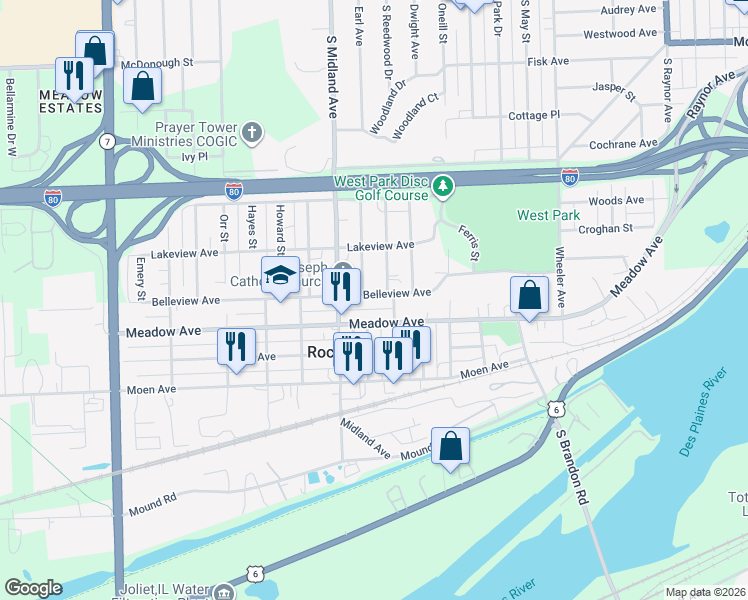 map of restaurants, bars, coffee shops, grocery stores, and more near 1316 Belleview Avenue in Joliet