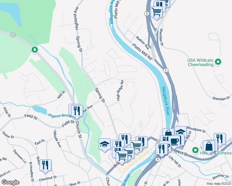 map of restaurants, bars, coffee shops, grocery stores, and more near 148 High Ridge Road in Naugatuck