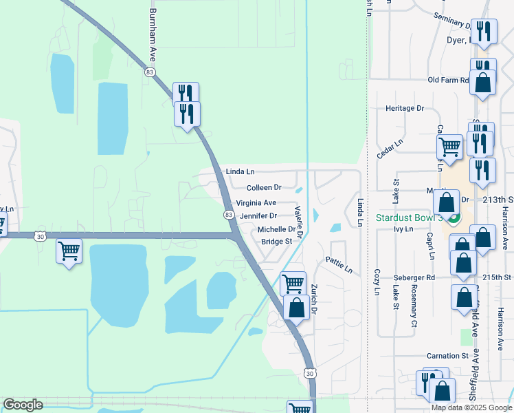 map of restaurants, bars, coffee shops, grocery stores, and more near 608 Virginia Avenue in Chicago Heights
