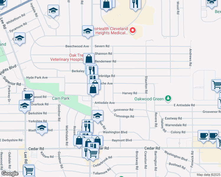 map of restaurants, bars, coffee shops, grocery stores, and more near 3524 Blanche Avenue in Cleveland Heights